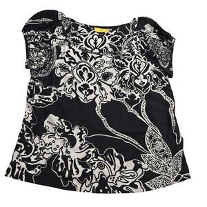 SoCa St. John Silk Floral Abstract Blouse L Black Stretch Designer Career Luxe